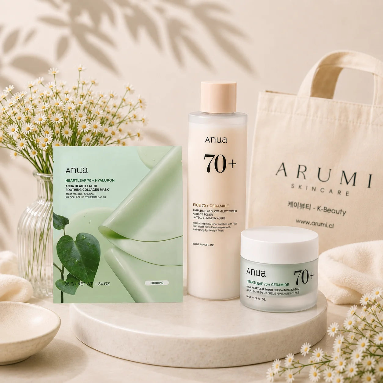 ANUA Calm & Glow Trio | Crema + Tónico Rice 70 + Mascarilla Heartleaf Arumi Korean Cosmetics