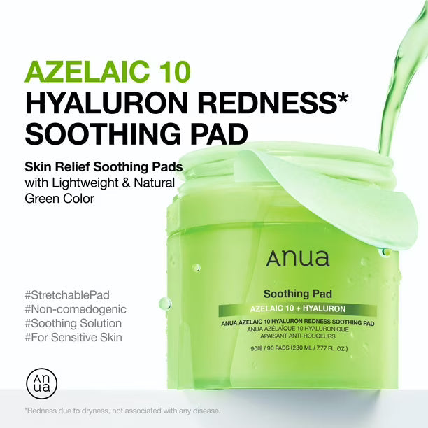 Azelaic Acid 10 Hyaluron Redness Soothing Toner Pads 230ml (90 Pads) | Pads Faciales Calmantes con Ácido Azelaico ANUA