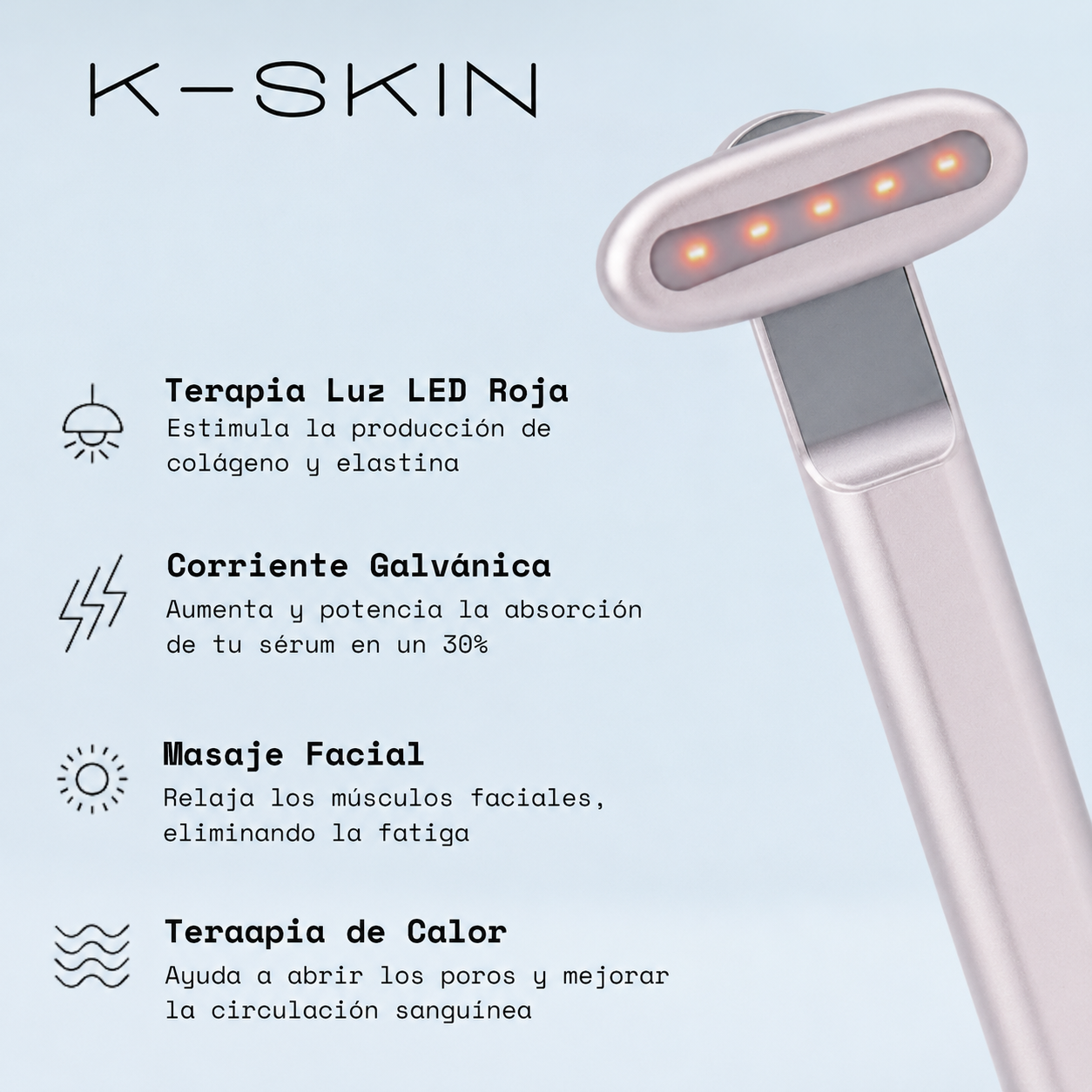 Masajeador Facial Skincare 4 en 1 con Luz LED Rojo Oro Rosa K-Skin